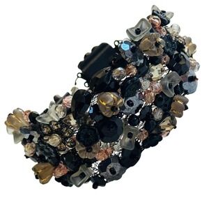Floral Black beaded Crochet Wire Bracelet crystal quartz‎ glass Whimsigoth 7"